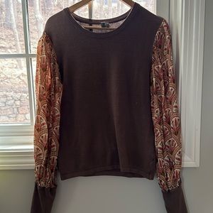 Anthropologie! Small blank London brown sweater with sheer embellished sleeve.